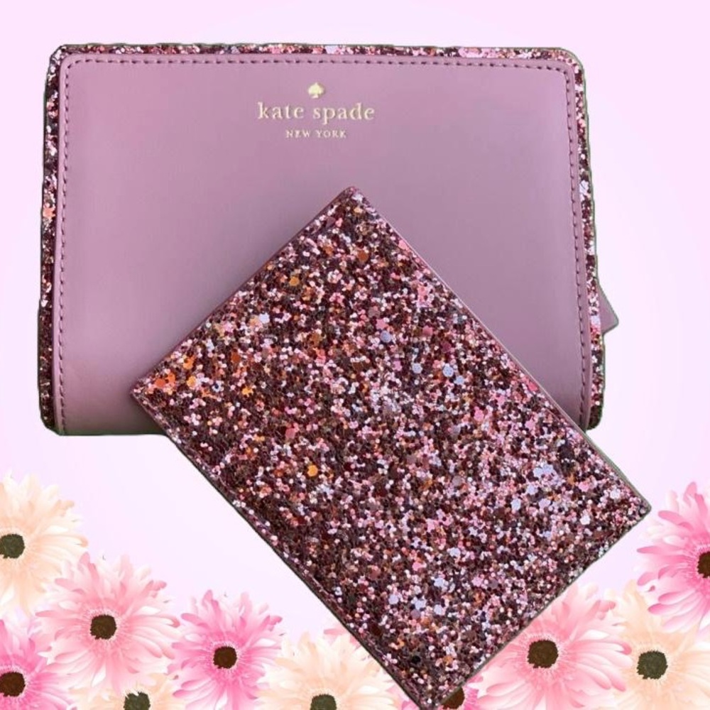 Kate Spade Bifold Wallet Seton Drive Dusty Peony W/Glitter Trim & Card H…